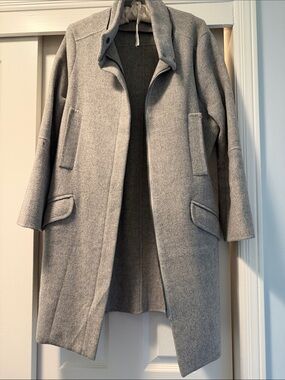 Vince Light Gray Wool-Blend Peacoat With Removable Fur Hood